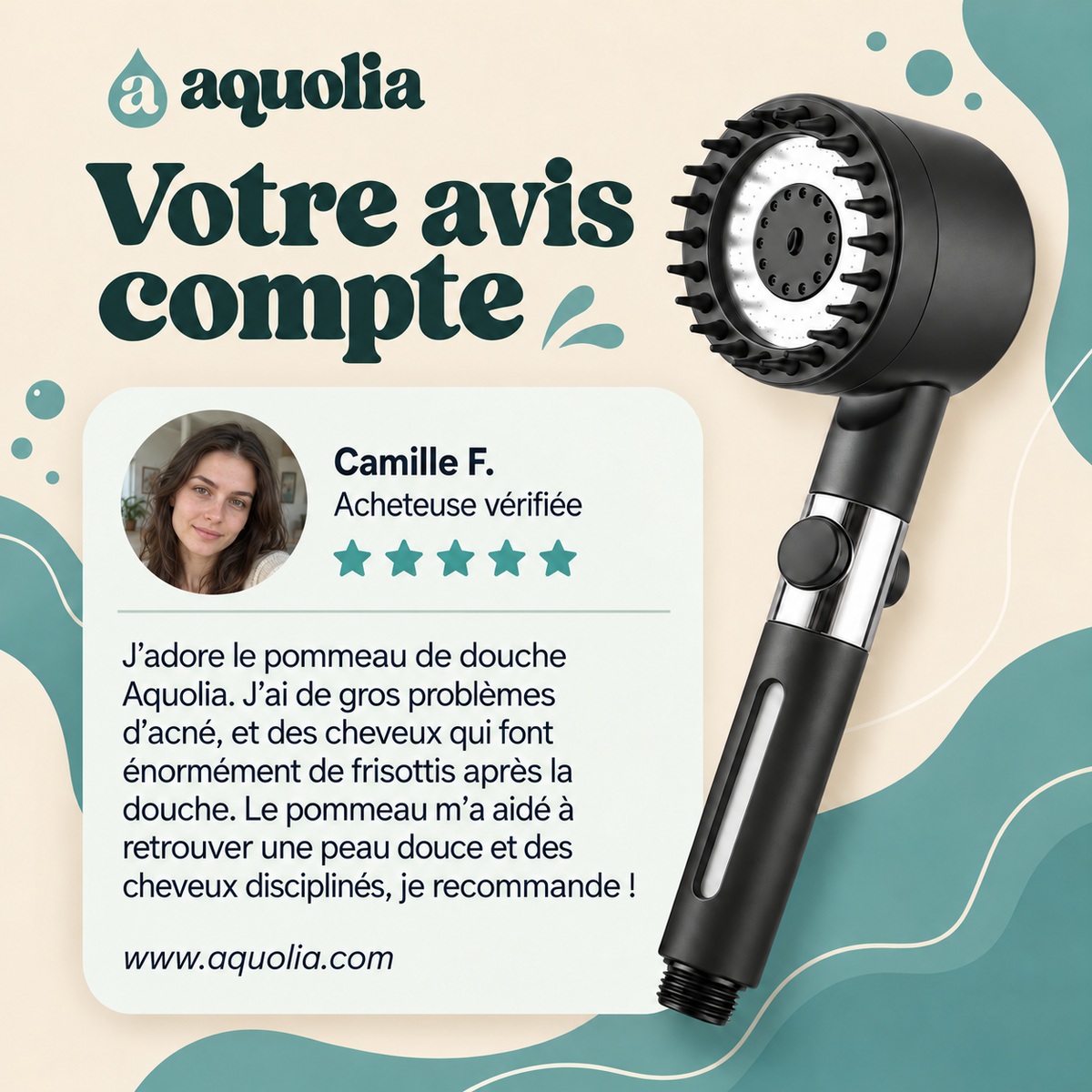 Avis d'une cliente sur le pommeau de douche filtrant Aquolia