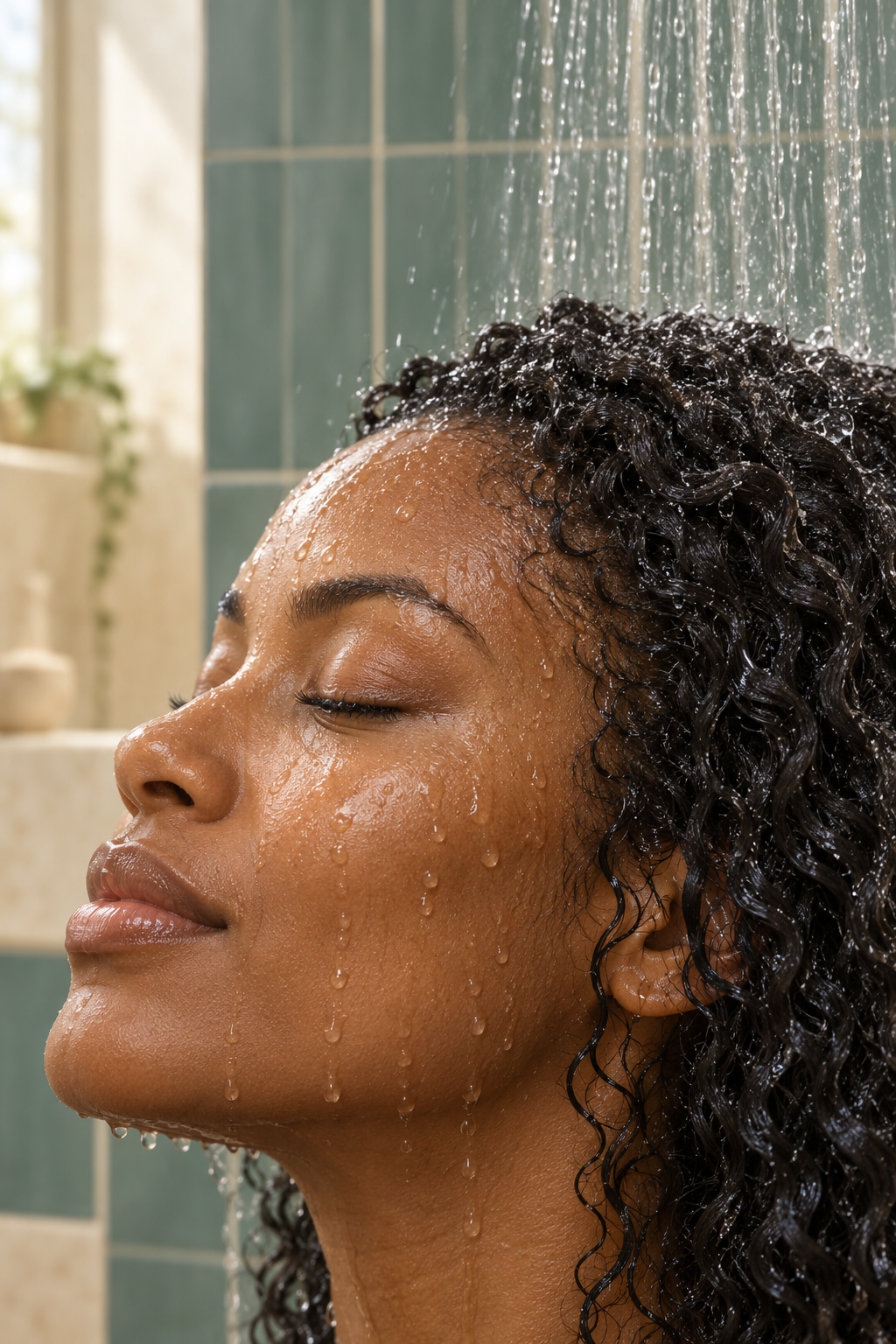Femme sous une douche à l'eau filtrée, peau apaisée